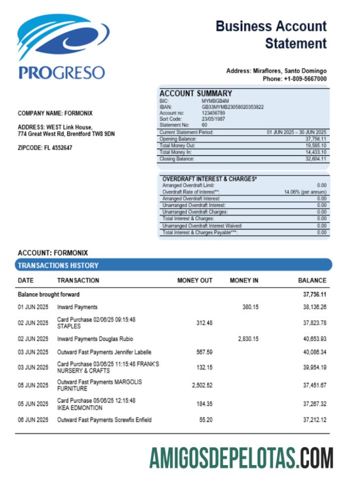 Extrato de conta comercial Realista Progreso modelo Word e PDF